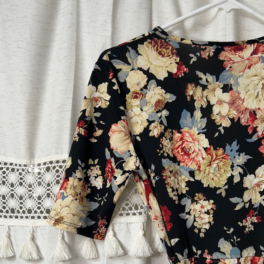 Black Floral Wrap Maxi Dress with Red & Cream Blooms - Picture 8 of 8